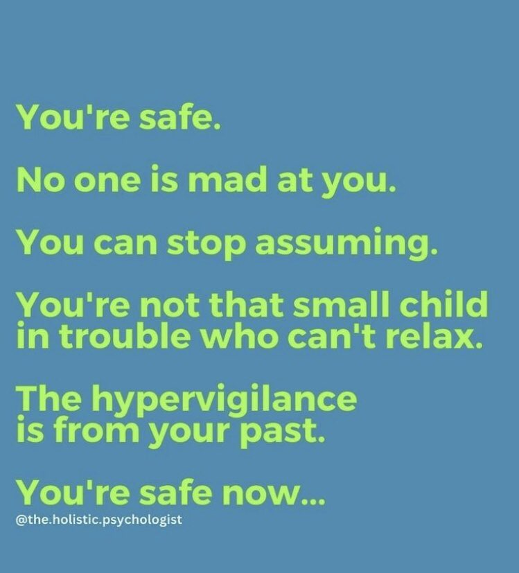 💜 When we are in this head space, nothing anyone says can help. Saying you are safe doesn’t help. Helping us to see the here and now, reminding us of todays date, the time, stamping feet, clapping, drinking water, going into another room. All these are grounding techniques 💜