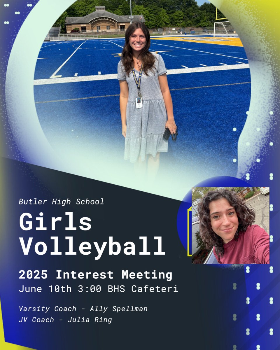 Butler Athletics (@bhsbulldogsnj) on Twitter photo Excited to introduce your Girls Volleyball coaches for the 2025 season!
Varsity Coach - Ally Spellman
JV Coach - Julia Ring
Interest meeting will take place on June 10th at 3:00 at the BHS Cafeteria!
Any questions please email Coach Spellman at aspellman@butlerboe.org Excited to introduce your Girls Volleyball coaches for the 2025 season!
Varsity Coach - Ally Spellman
JV Coach - Julia Ring
Interest meeting will take place on June 10th at 3:00 at the BHS Cafeteria!
Any questions please email Coach Spellman at aspellman@butlerboe.org