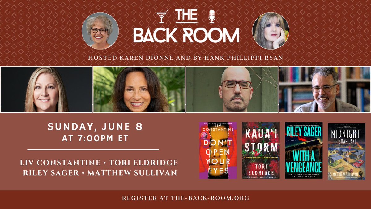 Join my co-host Hank Phillippi Ryan and me this Sunday, June 8, for another fantastic FREE Back Room event and chat up-close and Zoom-personal with these fabulous authors about their awesome new books! Register at the-back-room.org/june-8-2024-bi…