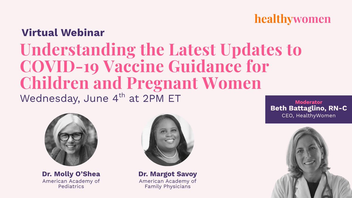 MargotSavoy's tweet image. Happening today!🚨 I’m joining a HealthyWomen webinar at 2 p.m. ET, as she joins experts from other leading medical societies to weigh in on the latest #COVID19 vaccine guidance for children and pregnant women. Register here: bit.ly/3HlAX90