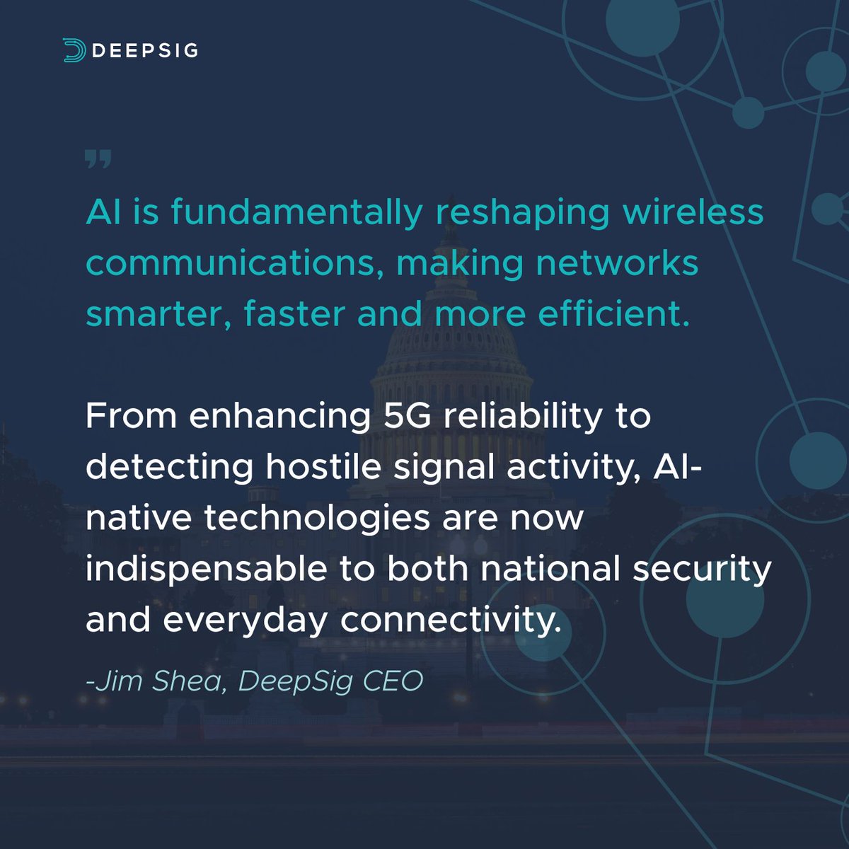 DeepSig (@deepsignl) on Twitter photo This morning, DeepSig CEO Jim Shea testifies before the U.S. <a href="/HouseCommerce/">Energy and Commerce Committee</a> Subcommittee on Communications and Technology. We’re honored to participate in this important discussion on how AI is transforming wireless, enhancing 5G performance, strengthening national defense and This morning, DeepSig CEO Jim Shea testifies before the U.S. <a href="/HouseCommerce/">Energy and Commerce Committee</a> Subcommittee on Communications and Technology. We’re honored to participate in this important discussion on how AI is transforming wireless, enhancing 5G performance, strengthening national defense and