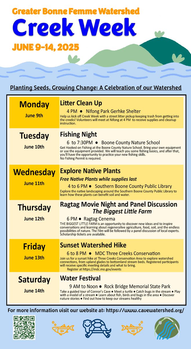 The inaugural Greater Bonne Femme Watershed Creek Week will occur from June 9th to June 14th. This week's interactive educational activities, enjoyable recreational experiences, and meaningful volunteer opportunities encourage a deeper connection with our natural environment