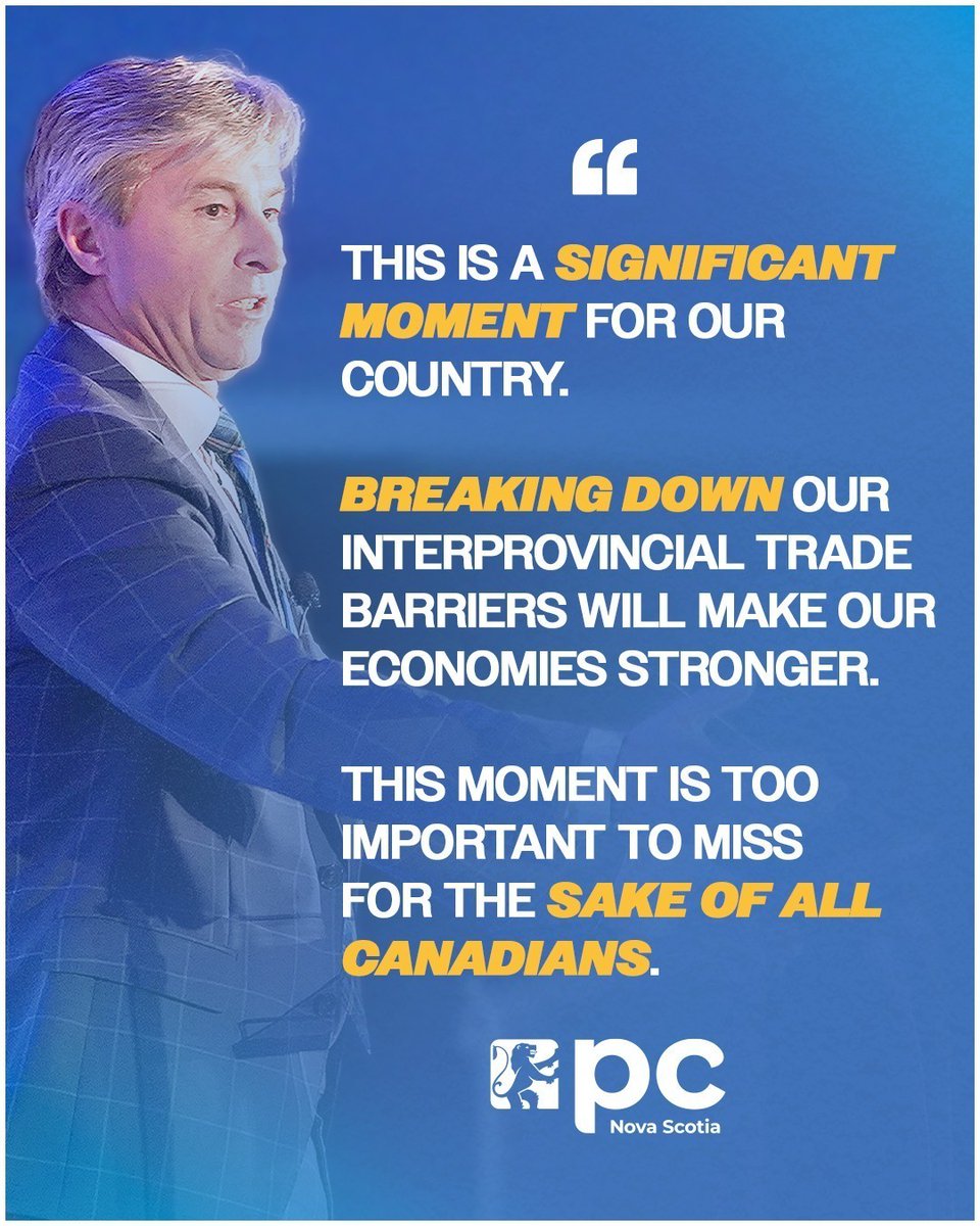 This is a pivotal moment for Canada and Nova Scotia. 🇨🇦

Breaking down trade barriers will grow our economies and create new opportunities for all Canadians. Let’s make it happen—together.

#NSPoli #CDNPoli