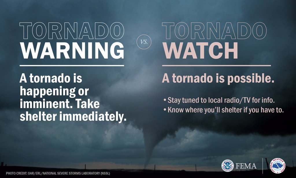 Severe weather can happen any time of the year. Know the difference between a Tornado Warning and a Tornado Watch.

More resources: ready.gov