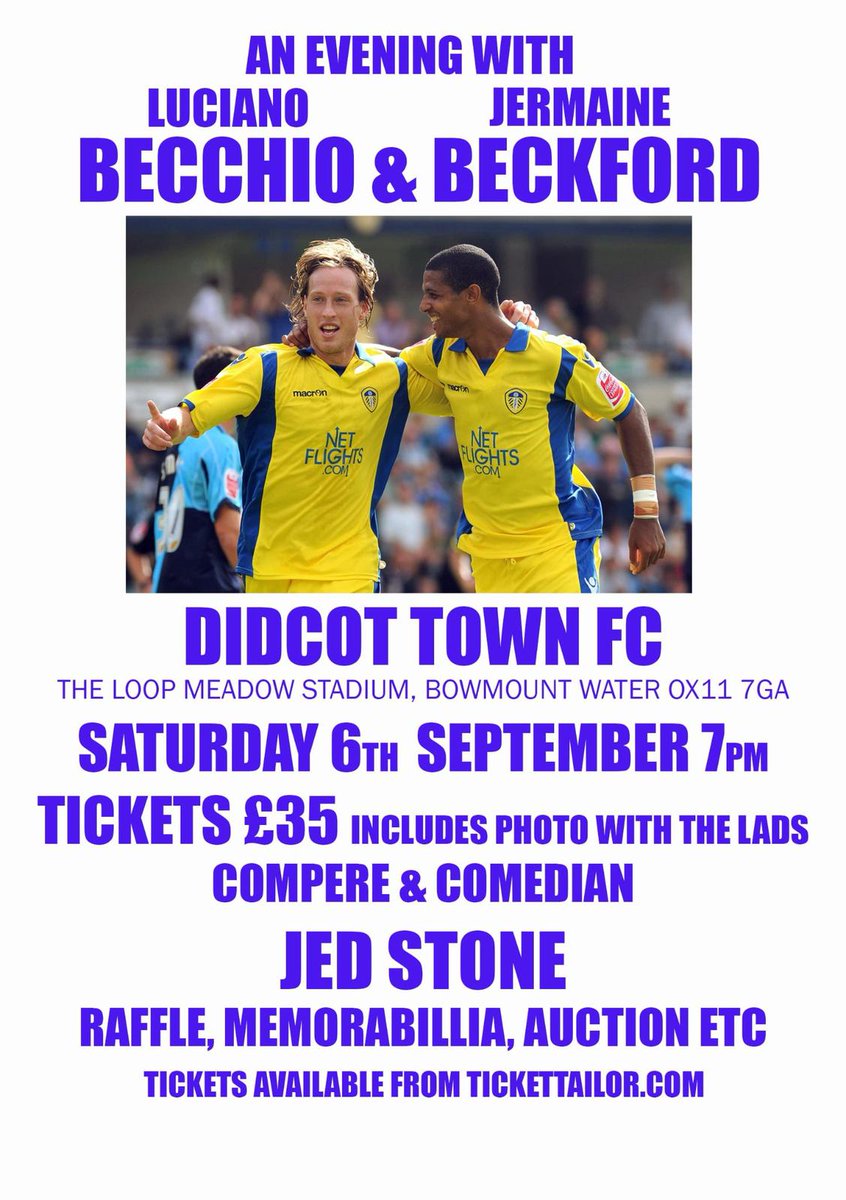 Didcot Town Football Club are hosting former Leeds United duo Luciano Becchio and Jermaine Beckford on Saturday,  6th September, 7pm-10.30pm (international weekend).

Ticket prices are £35, includes a photo with the players. VIP tickets are available at £75. This includes a front