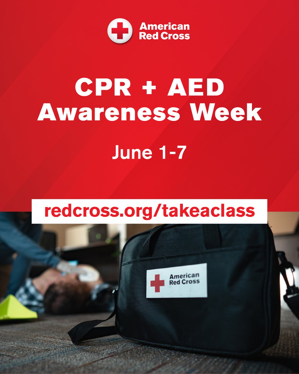 RedCrossNCGC's tweet image. Sudden cardiac arrest can happen anytime. Would you know what to do?

📞 Call 911
💓 Start Hands-Only CPR
⚡ Use an AED if available

Join us LIVE June 5 at 2PM ET for an AED demo with a Red Cross Instructor.
Register here: rdcrss.org/45B6Cx6

#CPR #AED #TakeAClass