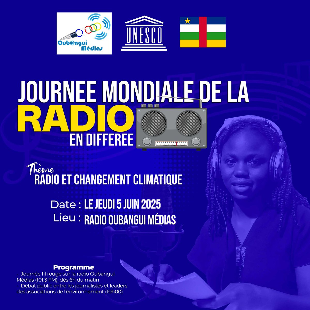 La commémoration en différée de la journée mondiale de la radio, couplée avec la journée mondiale de l’environnement sera marquée à la radio Oubangui Médias par: 
- Journée fil rouge sur la radio Oubangui Médias (101.3 FM), dès 6hGMT
- Débat public à 10h00
#Centrafrique #UNESCO