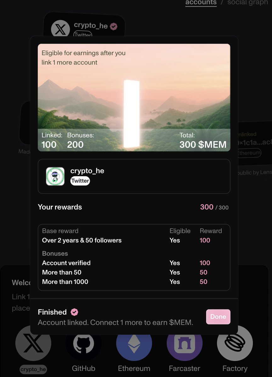 早上好啊兄弟们，连一下 <a href="/MemoryProtocol/">Memory</a> 直接拿奖励，看看你们有多少

①链接：app.memoryproto.co

②关联推特 EVM钱包 GitHub Farcaster等等都会有奖励