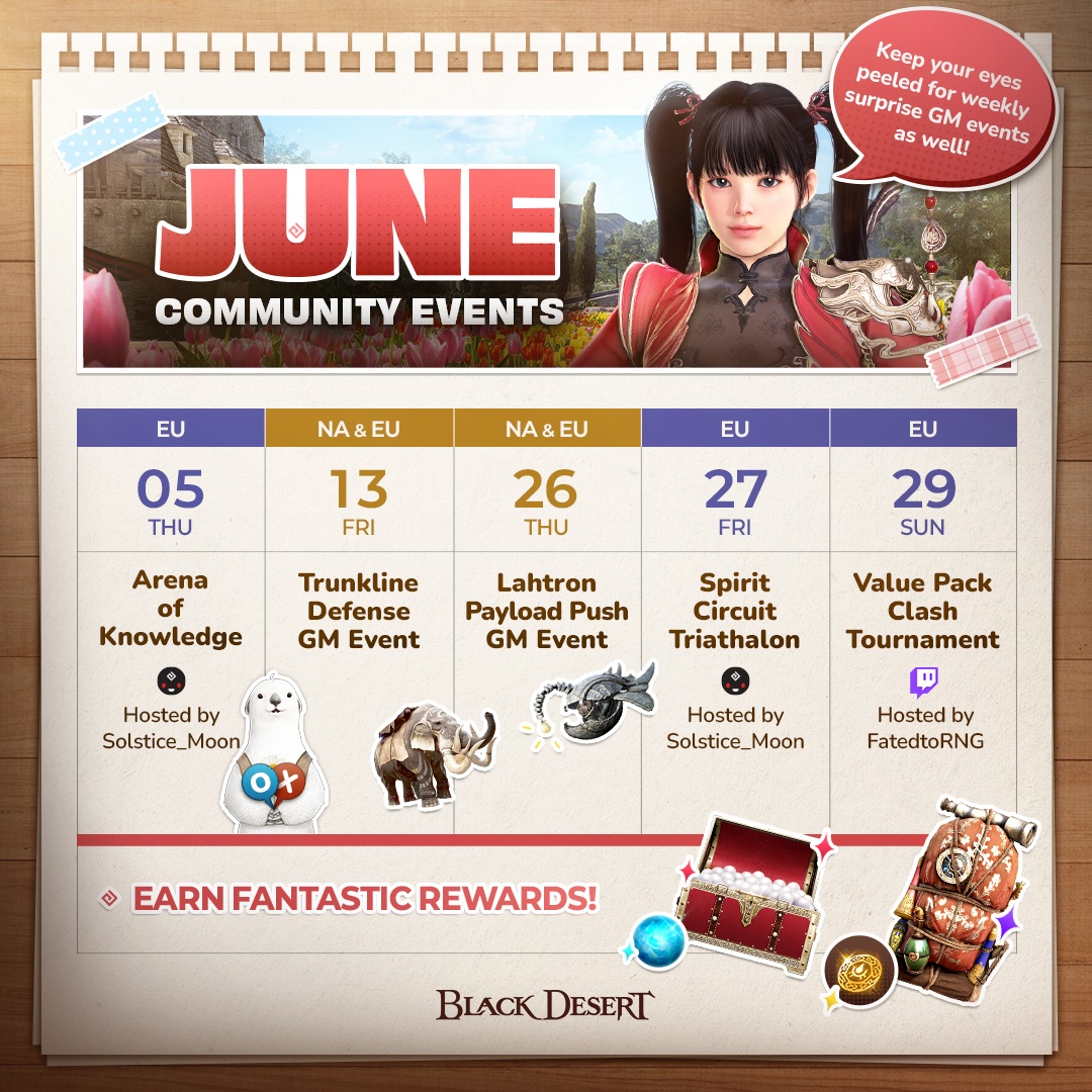 𝐒𝐚𝐯𝐞 𝐭𝐡𝐞 𝐝𝐚𝐭𝐞(𝐬)!✍ 📅

Join us for fun community driven events this June! 

Get involved with:
🖤 GM Events
🛡️ Ambassador-led Events
⚔️ Content Creator Tournaments
and more!

View all of June's events in the calendar below 🔻

#BDC #BlackDesert #Xbox #Playstation