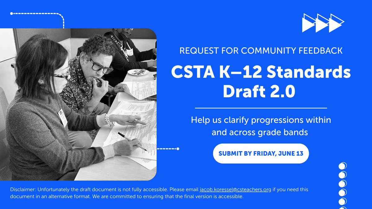 The CSTA K-12 Standards, last published in 2017, are getting a refresh! Help us revise Draft 2.0 by reading the draft and submitting feedback: westedk12enterprise.co1.qualtrics.com/jfe/form/SV_cZ…
