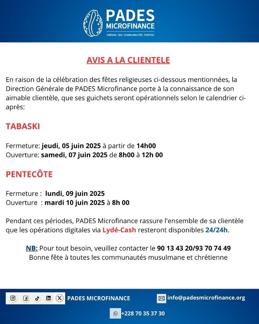 PadesfinanceTg's tweet photo. INFORMATION À NOTRE AIMABLE CLIENTÈLE. https://t.co/ORJlq717Dp