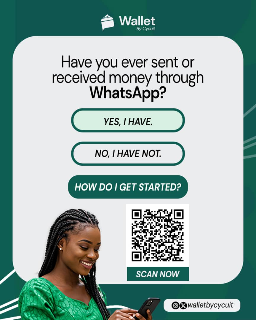 WalletbyCycuit's tweet image. Ever sent or received money on WhatsApp?
Whether you're a pro or it's your first time, Wallet by Cycuit makes it easy!
👇 Scan the code, or click the link to start sending and receiving money in minutes.
wa.me/message/LLBVVL…
✅ Safe
✅ Fast
✅ Right in your chat!