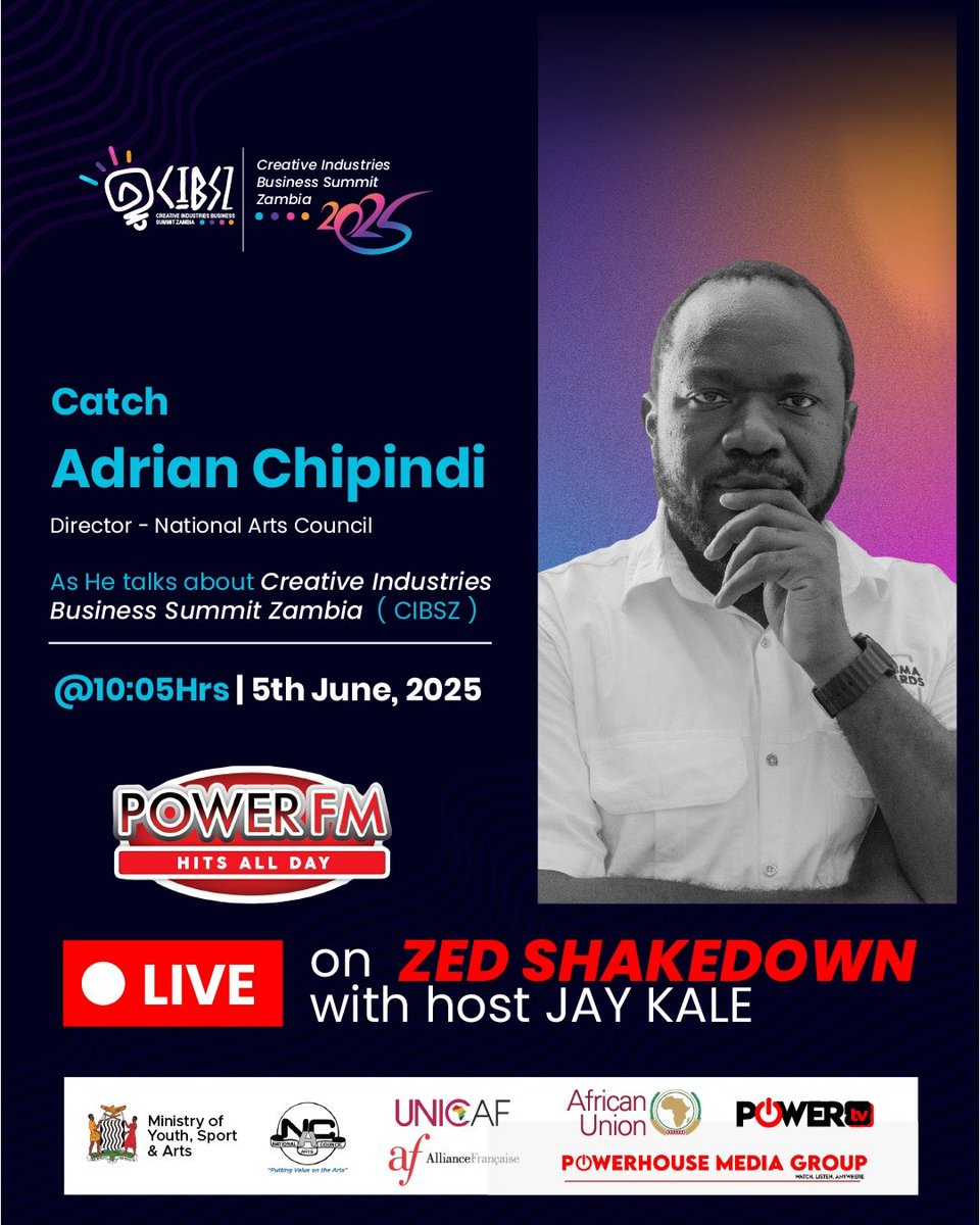 Catch Adrian Chipindi, Director of National Arts Council, LIVE on Power FM's Zed Shakedown with Jay Kale at 10:05 AM on June 5th, 2025. Get the inside scoop on CIBS 2025 and don't miss the conversation! 🌎 ✨ #CIBS2025 #Powerfm #Zedshakedown