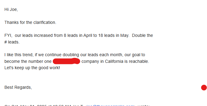 SEO isn’t easy work. And success isn't guaranteed.

Even when things do go well, it’s common for results to be brushed off as “expected"

That’s why emails like this mean so much.

A client, 3 months in, who more than doubled their leads and took the time to say thank you.