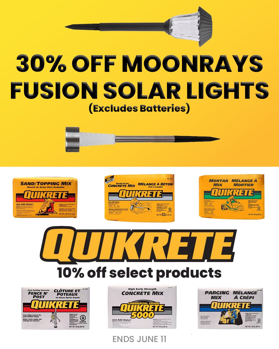 Save on Moonrays Fusion Solar Lights and select Quikrete products. Ends June 11!