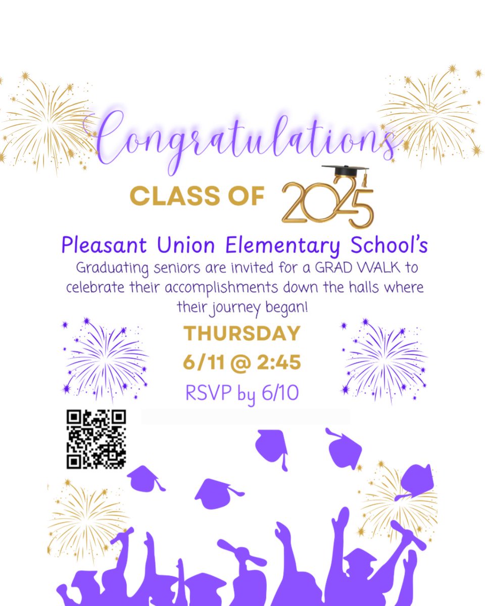 Attention Pleasant Union Elementary Class of 2025 Alums!  Grad Walk on June 11 at 2:45 PM
Signup: ow.ly/SyhL50W4oQi