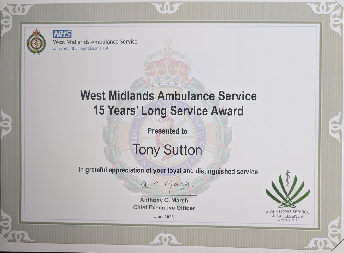 Tony Sutton 🚑 #HelpUsToHelpYou (@wmastonysutton) on Twitter photo Proud moment today receiving my 15 Years "Long Service Award' from <a href="/OFFICIALWMAS/">West Midlands Ambulance Service #HelpUsHelpYou</a> 🚑
Honoured to be recognised for doing a job I truly care about. Grateful to work alongside such an incredible team 💚 #WMAS #LongService #ProudToServe
Thank you to the organisers! Fab event 🎉 Proud moment today receiving my 15 Years "Long Service Award' from <a href="/OFFICIALWMAS/">West Midlands Ambulance Service #HelpUsHelpYou</a> 🚑
Honoured to be recognised for doing a job I truly care about. Grateful to work alongside such an incredible team 💚 #WMAS #LongService #ProudToServe
Thank you to the organisers! Fab event 🎉