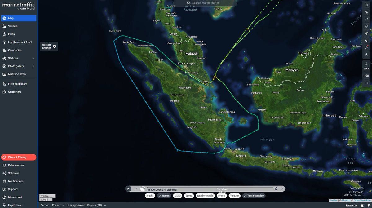 On this AIS map, it appears that a tanker has sailed around the Indonesian island of Sumatra, but what you are actually seeing is a dead tanker's revived AIS identity being handed over from one Dark Fleet tanker to another without the two vessels actually coming into contact with
