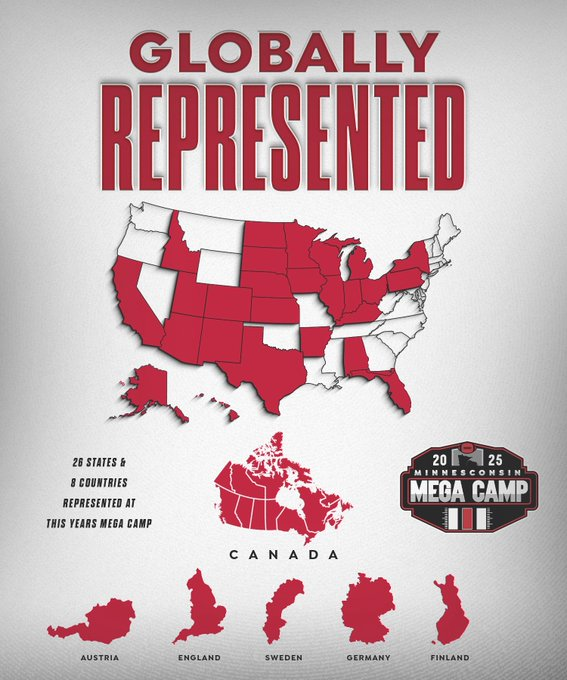 2025 Minnesconsin Mega Camp...
🇺🇸 Campers from 27 Different States!
🌎Campers from 8 Different Countries!
🧢Coaching Staffs from over 55 Visiting Colleges!
✅Register today to be a part of one of the most unique Mega Camp experiences in the nation. riverfallsfootballcamps.com/camps.php