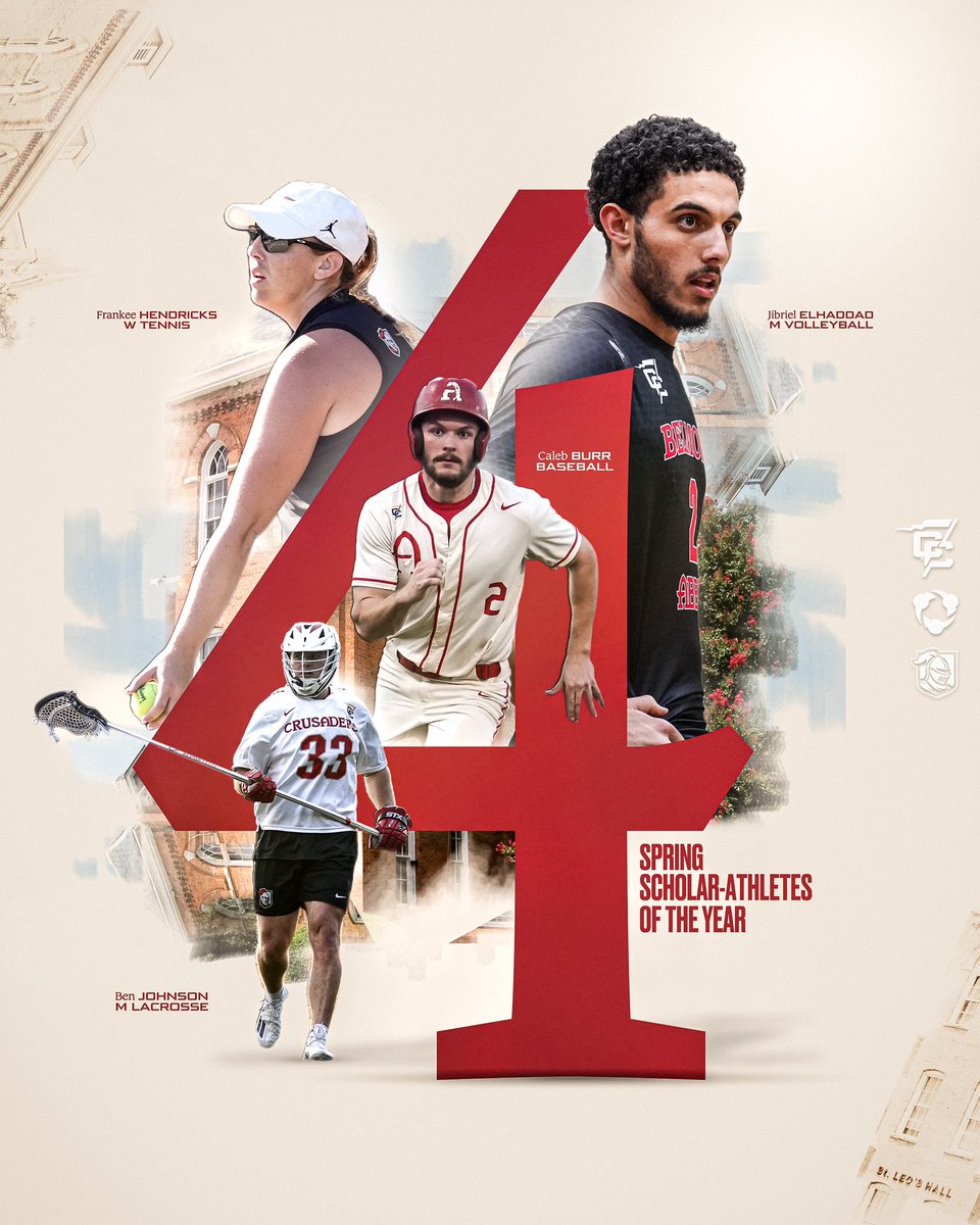 4️⃣ Crusaders named Conference Carolinas 2025 Spring Scholar-Athletes of the Year presented by Hudl! 

🔺 Frankee Hendricks (WTEN)
🔺 Caleb Burr (Baseball)
🔺 Ben Johnson (MLAX)
🔺 Jibriel Elhaddad (MVB) 

#RaiseTheRed | #AbbeyAthletics