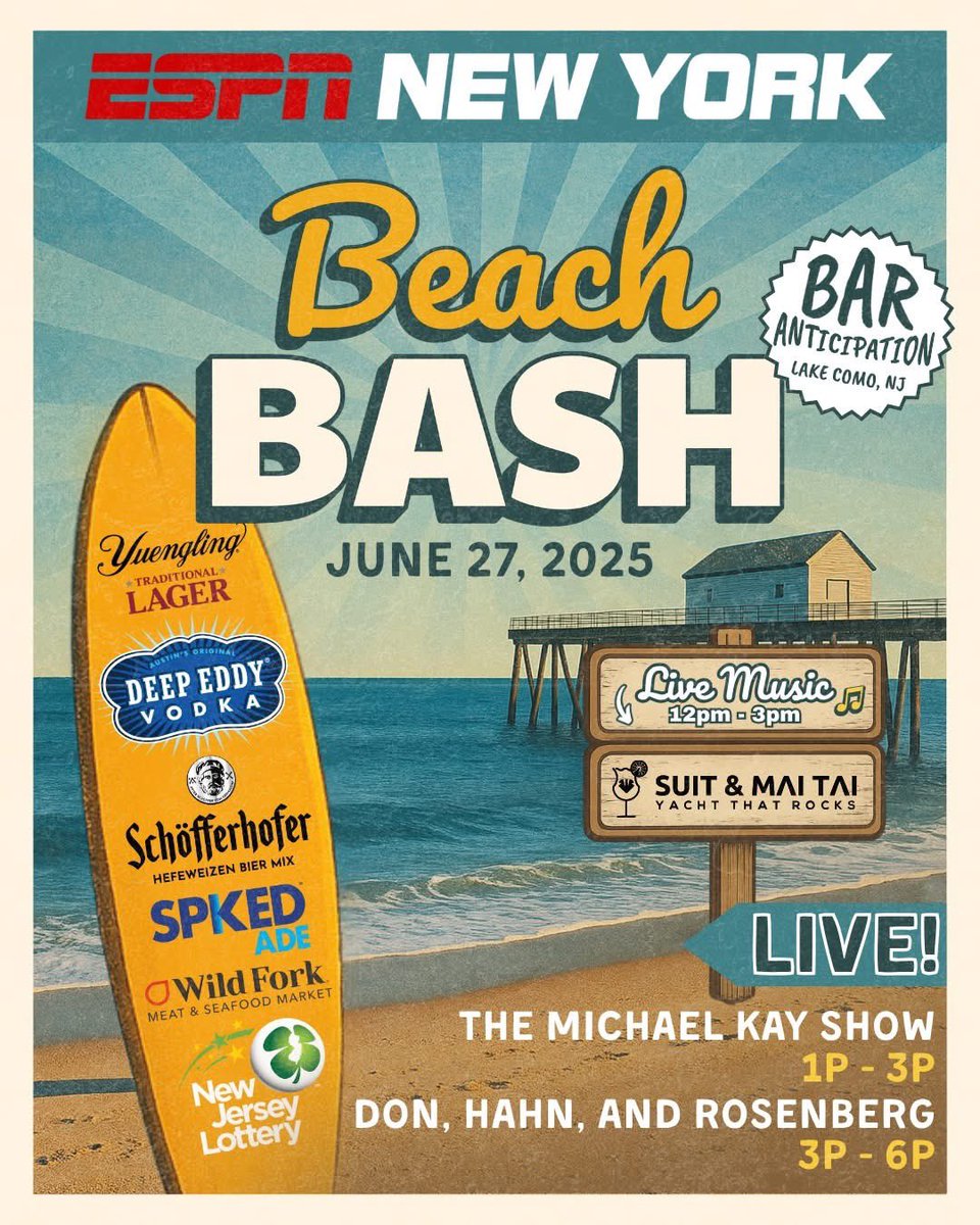 ESPN New York (@espnnewyork) on Twitter photo 🚨 BEACH BASH 2025 🚨
LIVE AT Bar Anticipation! (703 16th Ave, Lake Como, NJ 07719)
FRIDAY, JUNE 27TH!!!
The <a href="/RealMichaelKay/">Michael Kay</a> Show: 1PM-3PM
<a href="/DHRonESPN/">Don, Hahn & Rosenberg</a>: 3PM-6PM
(with Special Guest Appearances by <a href="/DRonESPN/">DiPietro & Rothenberg</a> and <a href="/BartAndCarlin/">Bart & Carlin</a>!)
DON’T MISS OUT ON THE HOTTEST PARTY OF THE SUMMER! 🚨 BEACH BASH 2025 🚨
LIVE AT Bar Anticipation! (703 16th Ave, Lake Como, NJ 07719)
FRIDAY, JUNE 27TH!!!
The <a href="/RealMichaelKay/">Michael Kay</a> Show: 1PM-3PM
<a href="/DHRonESPN/">Don, Hahn & Rosenberg</a>: 3PM-6PM
(with Special Guest Appearances by <a href="/DRonESPN/">DiPietro & Rothenberg</a> and <a href="/BartAndCarlin/">Bart & Carlin</a>!)
DON’T MISS OUT ON THE HOTTEST PARTY OF THE SUMMER!