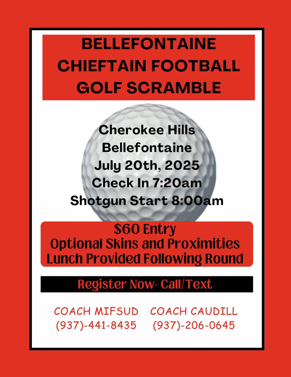 BHSChieftainFB's tweet image. Chieftain Football scramble July 20th at Cherokee Hills. Reach out to a coach to get signed up! Go Chiefs!