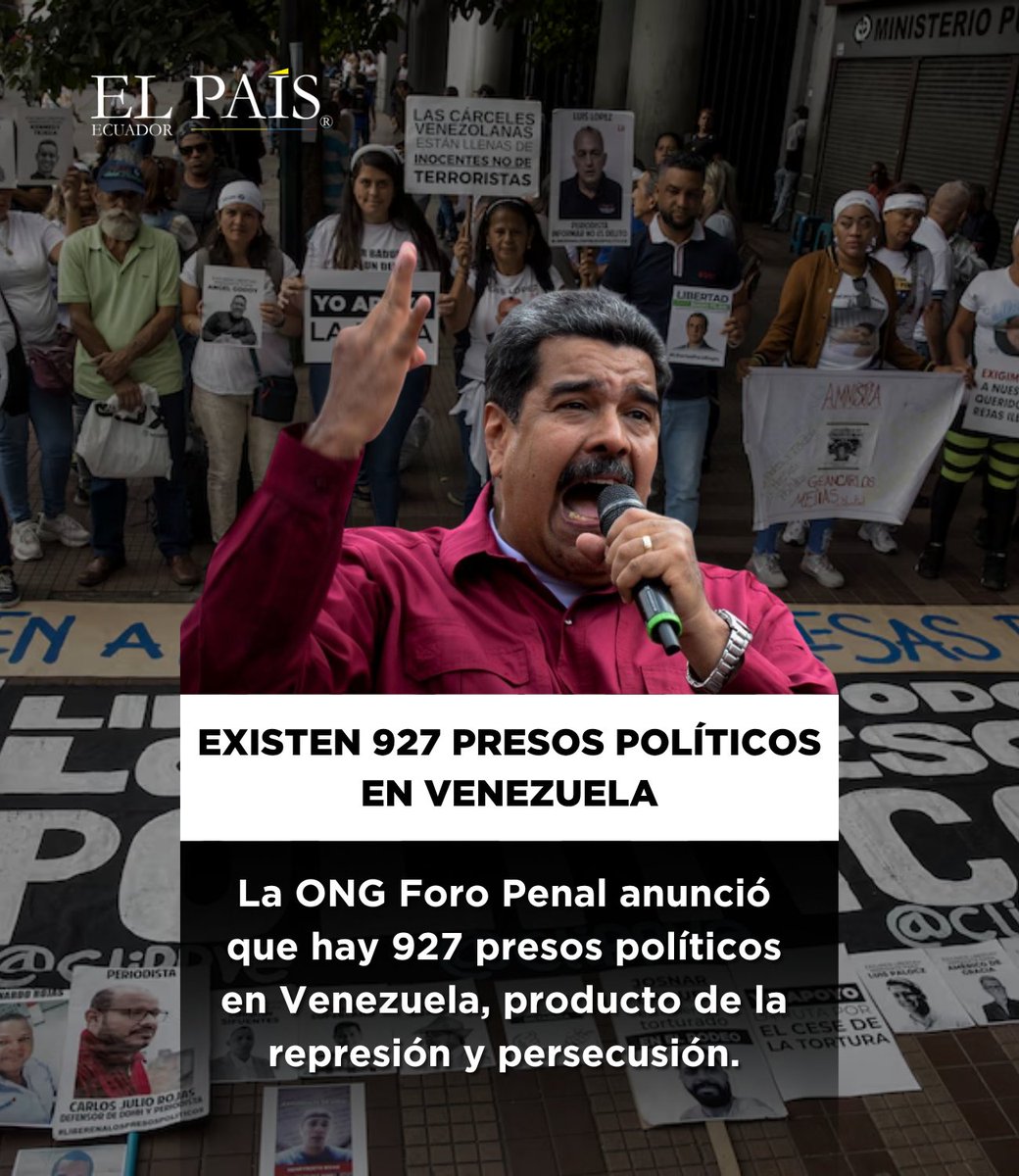 🇪🇨 La ONG "Foro Penal" reportó que el régimen de Nicolás Maduro mantiene a 927 personas encarceladas por razones políticas, reflejando la continua persecución y represión que existe en Venezuela.
