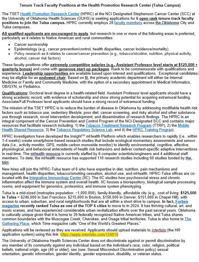 Michael Businelle (@stop_smokin_now) on Twitter photo Submit your application soon! The Health Promotion Research Center is hiring 6 faculty (Assistant Prof start @ $125,000). Details attached. Please repost! Submit application here: apply.interfolio.com/159819
<a href="/SBMDigitalHlth/">SBMDigitalHealth</a> <a href="/BehavioralMed/">SBM</a> <a href="/ABCTNOW/">Association for Behavioral and Cognitive Therapies</a> <a href="/PsychJobs/">Psychology Jobs</a> <a href="/ObesityWeek/">ObesityWeek®</a> Submit your application soon! The Health Promotion Research Center is hiring 6 faculty (Assistant Prof start @ $125,000). Details attached. Please repost! Submit application here: apply.interfolio.com/159819
<a href="/SBMDigitalHlth/">SBMDigitalHealth</a> <a href="/BehavioralMed/">SBM</a> <a href="/ABCTNOW/">Association for Behavioral and Cognitive Therapies</a> <a href="/PsychJobs/">Psychology Jobs</a> <a href="/ObesityWeek/">ObesityWeek®</a>