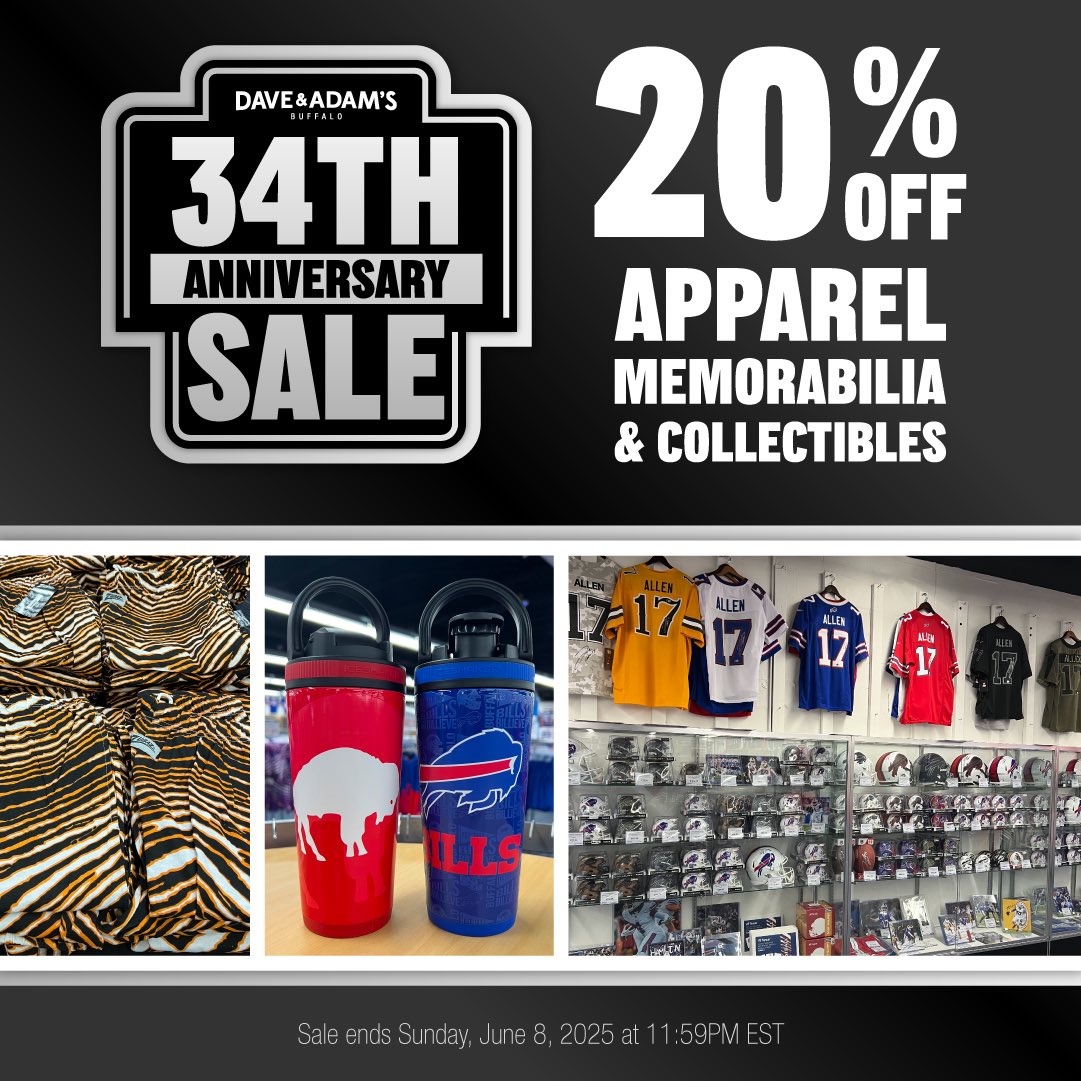 Starting tomorrow, we will be having our 34TH ANNIVERSARY SALE!!!!

20% off apparel, memorabilia, and collectibles.

Also, we are giving away a $50 Dave and Adam’s gift card EACH DAY🤯🤯

📆June 5th-June 8th
📍8075 Sheridan Dr, Amherst NY 14221