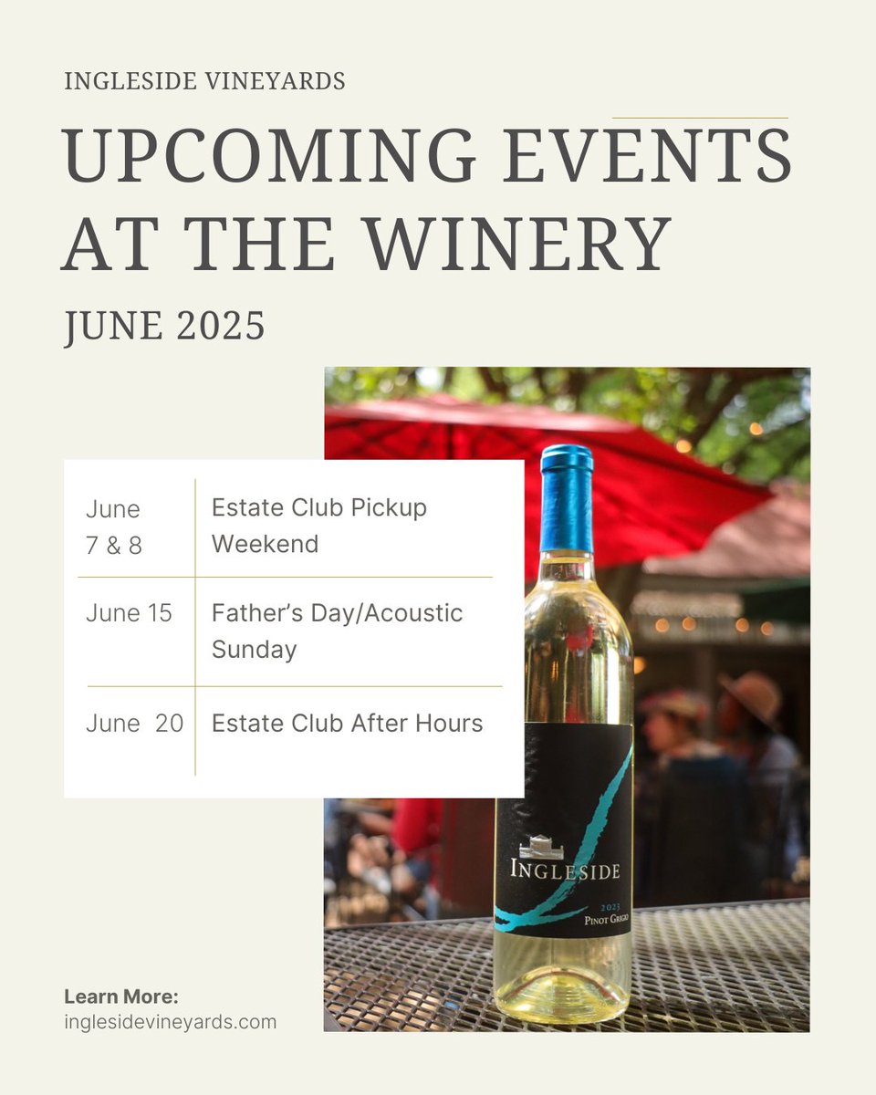 Here's a look at our events at the winery for June 2025. Visit our Events page to learn more: inglesidevineyards.com/events

#vawine #virginia #wine #vawinelover #events