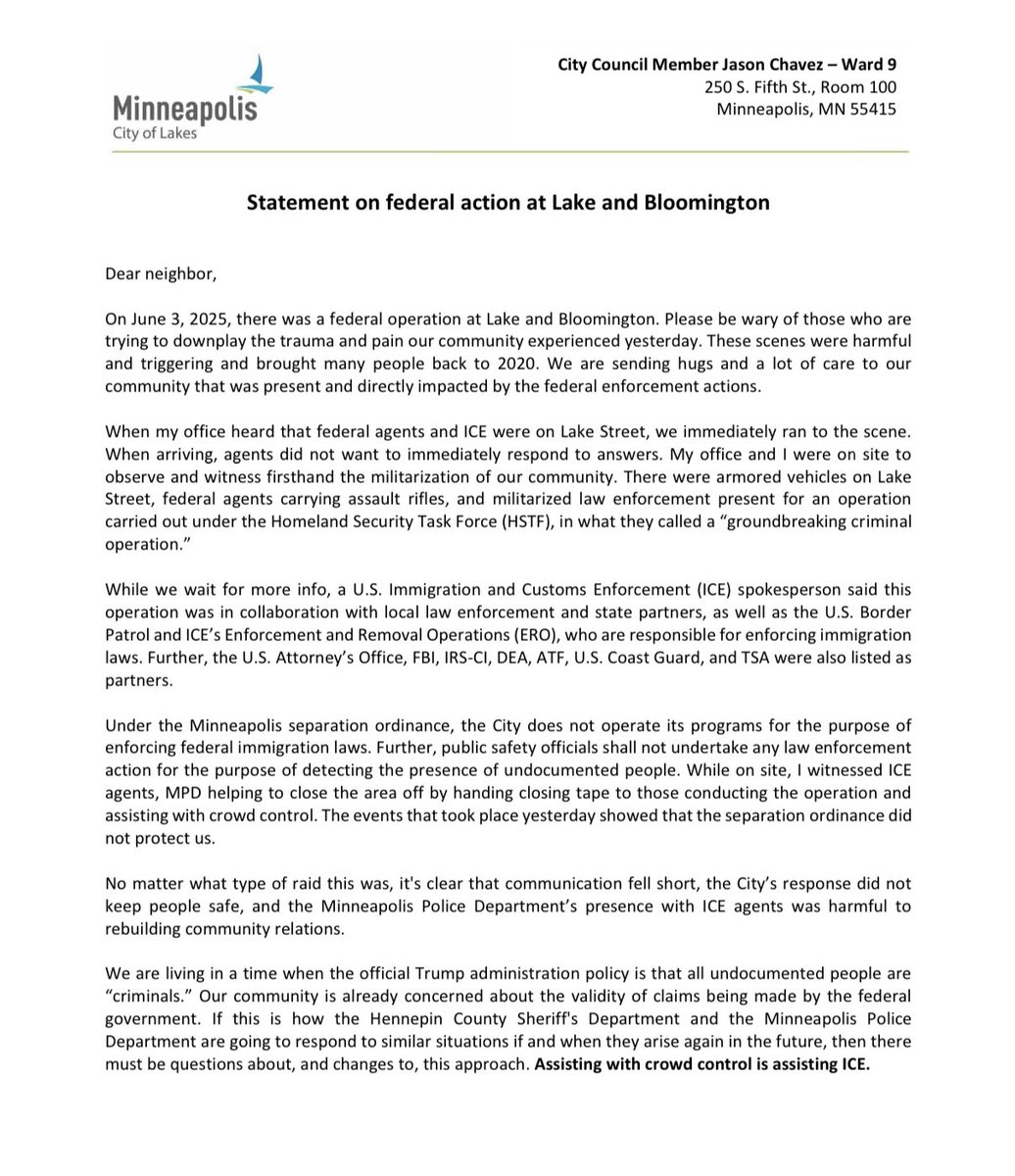 MplsWard9's tweet photo. My full statement on the federal action at Lake and Bloomington yesterday. 

Please be wary of those who are trying to downplay the trauma and pain our community experienced yesterday. 

These scenes were harmful and our city was complicit. https://t.co/Q8uly5mzEG