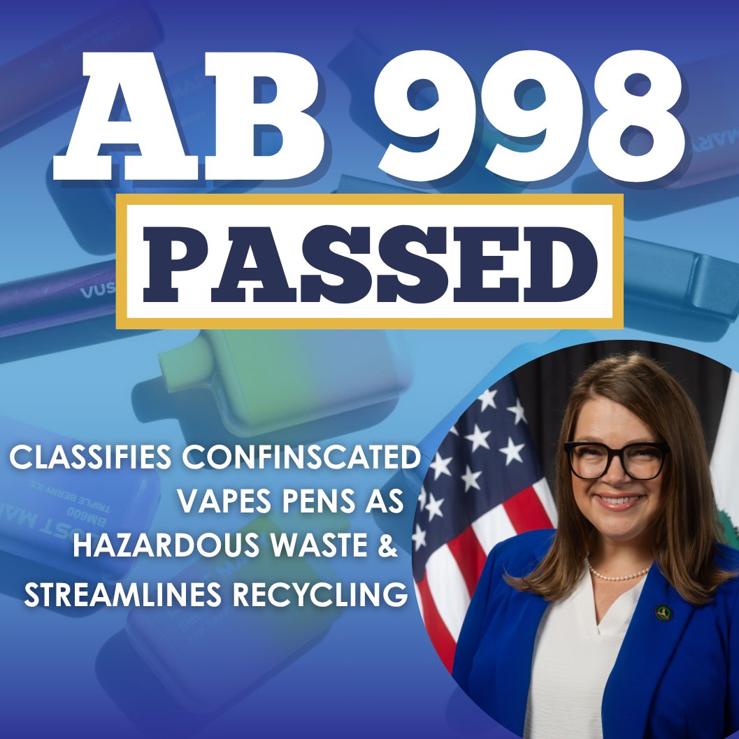 hhadwickAD1's tweet photo. AB 998 PASSES ✅
This bill ensures schools can safely dispose of confiscated vape pens through HHW programs—protecting kids & the environment. Smart, practical, and headed to the Senate. 🚭♻️
#AB998 #CALeg #SafeDisposal #VapeWaste📷 https://t.co/v74LZDbopg