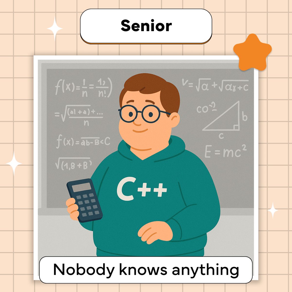 CodefinityCom's tweet image. The developer journey, in 4 stages:
🧢 Intern: &quot;I know everything&quot;
📘 Junior: &quot;I know nothing&quot;
🏈 Middle: &quot;Nobody knows I know nothing&quot;
📐 Senior: &quot;Nobody knows anything&quot;

Still wondering when imposter syndrome goes away... 👀