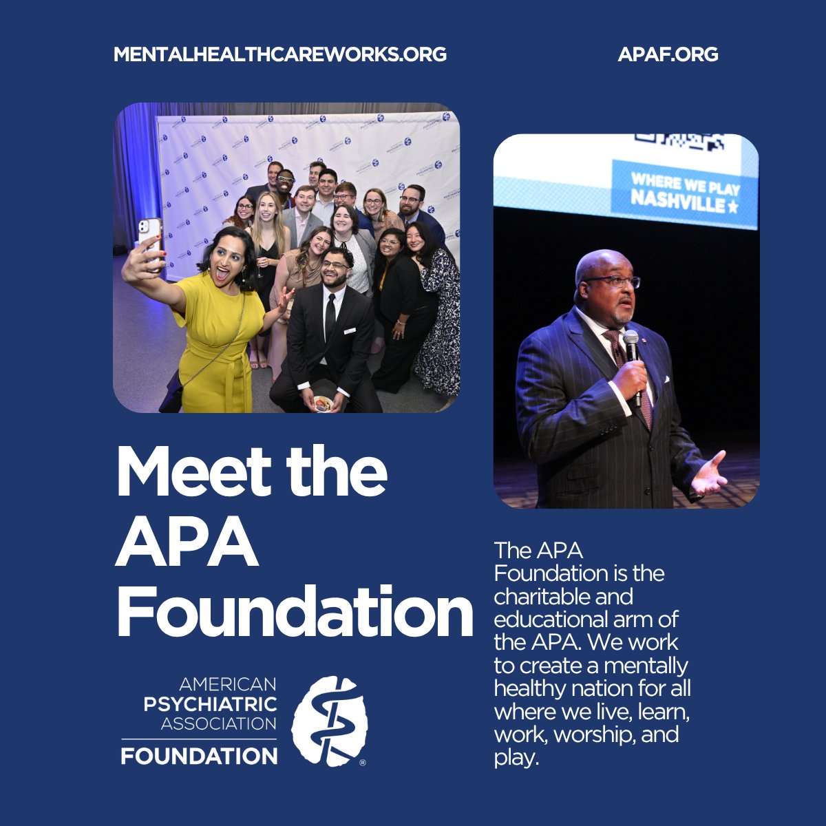 Nice to meet you 🤝 We are the American Psychiatric Association Foundation, and we promote mental health literacy, connect underserved communities to care, and shift attitudes about mental health. Learn more and get involved at apaf.org 🧠