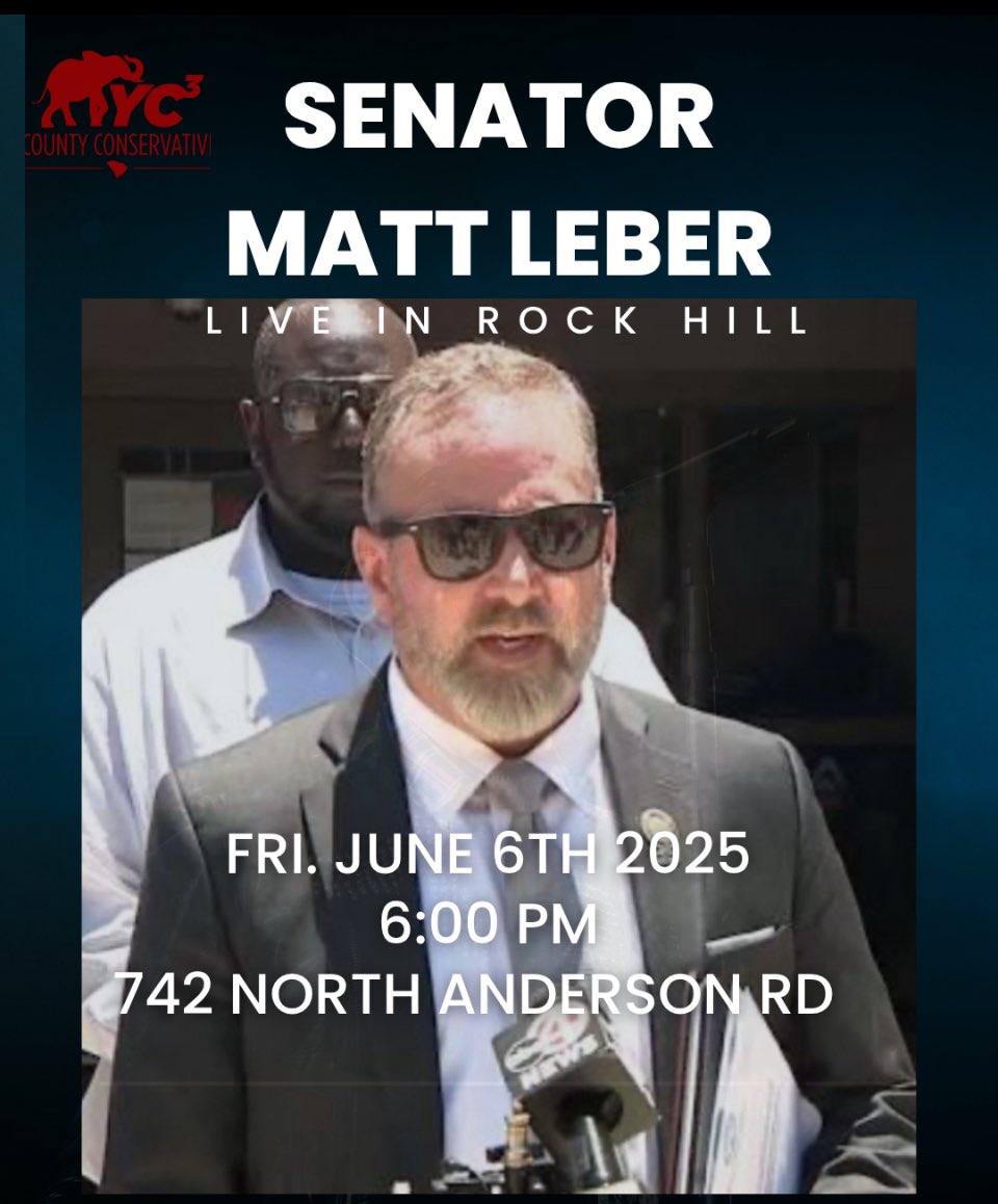Robin Peterson (@robinapeterson) on Twitter photo 💥Senator .<a href="/voteleber/">Senator Matt Leber</a> doesn’t just fill a room.
…. He tilts it.
🗓️ Friday, June 6 , 2025
⏰ 6:30 PM (doors open @ 6pm)
📍 742 N Anderson Rd, Rock Hill
💥Feel the shift.
💥Be in the room.
Click Link For Details👇🏻
mailchi.mp/37a985920722/j… 💥Senator .<a href="/voteleber/">Senator Matt Leber</a> doesn’t just fill a room.
…. He tilts it.
🗓️ Friday, June 6 , 2025
⏰ 6:30 PM (doors open @ 6pm)
📍 742 N Anderson Rd, Rock Hill
💥Feel the shift.
💥Be in the room.
Click Link For Details👇🏻
mailchi.mp/37a985920722/j…