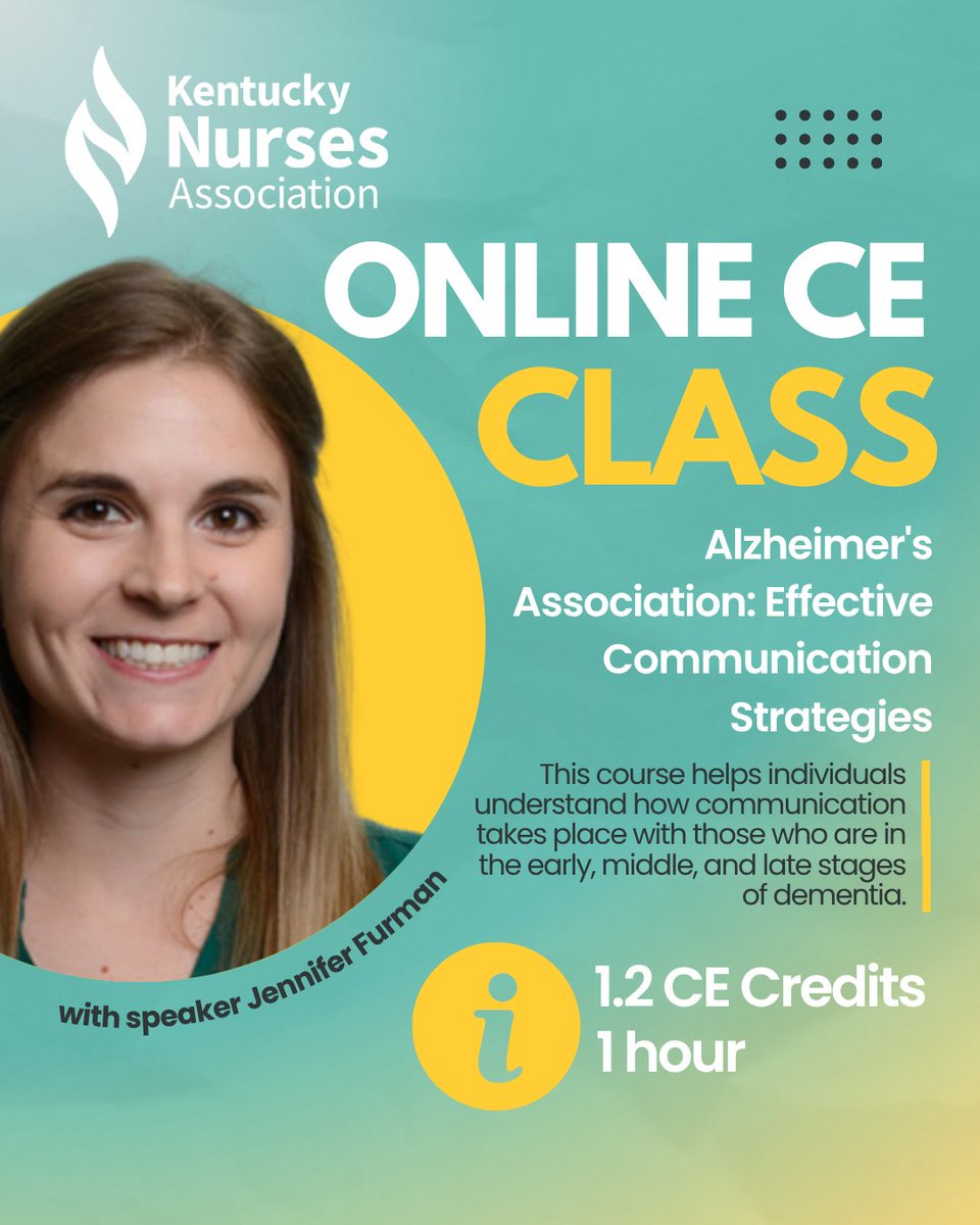 Now Available OnDemand, Jennifer Furman Ph.D teaches on Alzheimer's Association: Effective Communication Strategies. Click here to begin this course now kentucky-nurses.nursingnetwork.com/enduring-activ…