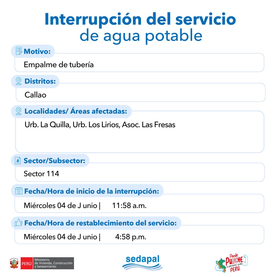 🚨 #LoÚltimo | ¡Atención vecinos de #Callao! #Sedapal atiende una emergencia imprevista por lo que se interrumpirá parcialmente el servicio de agua en algunos sectores. Más detalles aquí 📷 #InterrupciónDelServicio