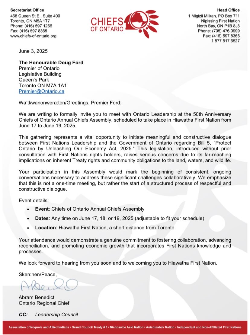 NEW: The Chiefs of Ontario is inviting Premier Doug Ford to attend the annual Chiefs assembly later this month to start "respectful and constructive dialogue" on Bill 5. 

#ONpoli