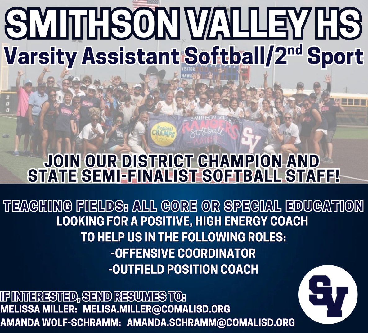 Amanda Wolf-Schramm 👆💙 (@coachawolf) on Twitter photo Smithson Valley HS is looking for a Varsity Assistant Softball/2nd Sport coach!
Join our District Champion and State Semi-Finalist Softball Staff.
Coaches please help spread the word!!
<a href="/THSCAcoaches/">THSCA</a> <a href="/uiltexas/">Texas UIL</a> <a href="/SVRANGERSB/">Ranger Softball</a> <a href="/SV_Rangers/">SV Ranger Athletics</a> Smithson Valley HS is looking for a Varsity Assistant Softball/2nd Sport coach!
Join our District Champion and State Semi-Finalist Softball Staff.
Coaches please help spread the word!!
<a href="/THSCAcoaches/">THSCA</a> <a href="/uiltexas/">Texas UIL</a> <a href="/SVRANGERSB/">Ranger Softball</a> <a href="/SV_Rangers/">SV Ranger Athletics</a>