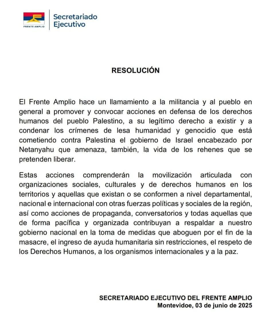 A veces, entre tanto cinismo y doble moral, se alcanzan este tipo de pronunciamientos, que nos recuerdan que no estamos muertos por dentro, y que aún tenemos resto para revelarnos contra la injusticia. 

Dignísima resolución del <a href="/Frente_Amplio/">Frente Amplio</a>, del lado correcto de la Historia.