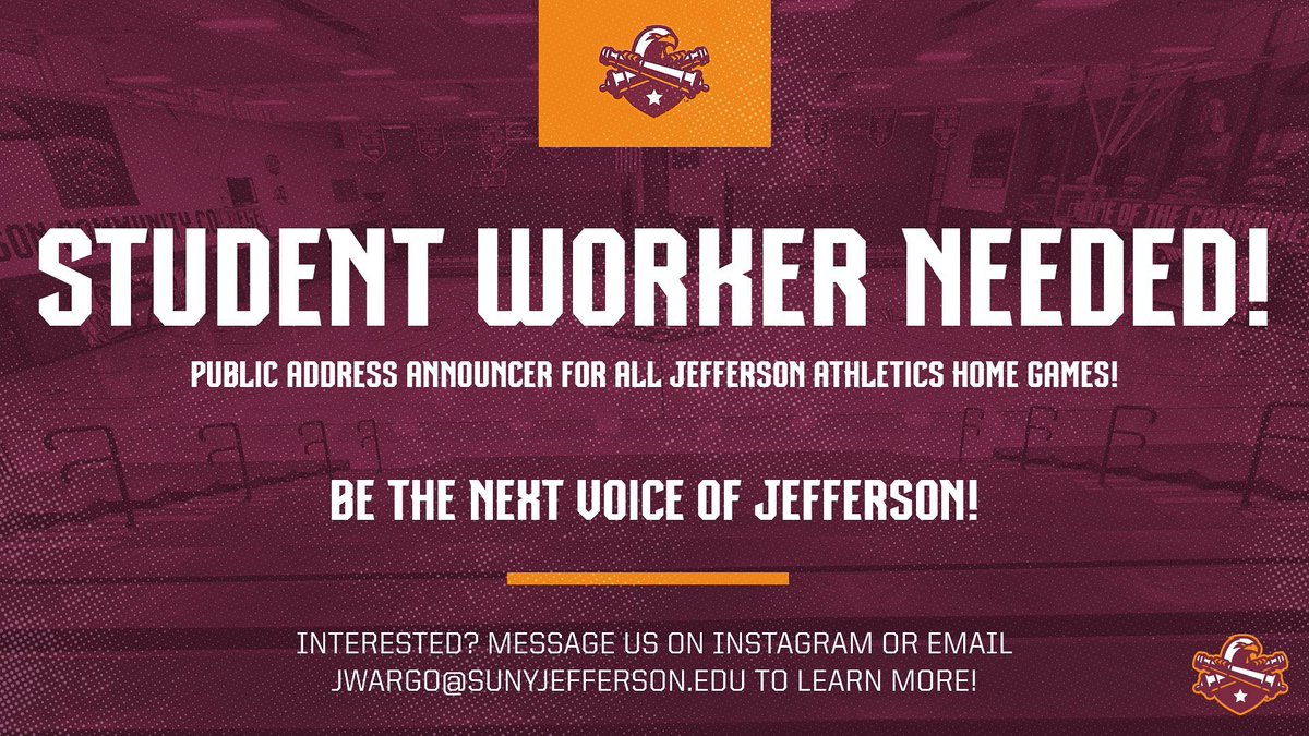 SUNY Jefferson Athletics (@cannoneers) on Twitter photo Jefferson Athletics is looking for a student worker to be the next Voice of Jefferson for the 2025-26 seasons and bring the energy to our game day experience!
For any Cannoneer students looking to gain experience as a PA announcer, read the graphic to learn more! Jefferson Athletics is looking for a student worker to be the next Voice of Jefferson for the 2025-26 seasons and bring the energy to our game day experience!
For any Cannoneer students looking to gain experience as a PA announcer, read the graphic to learn more!