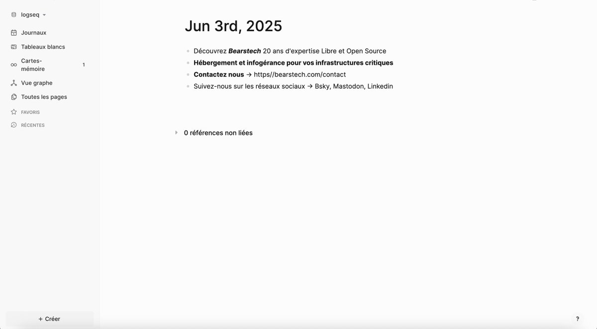 Logseq : Une plateforme Open Source axée sur la confidentialité pour la gestion des connaissances et la collaboration.

Une alternative Open Source satisfaisante à Notion ?

👉 Le projet : github.com/logseq/logseq
👉 La documentation : docs.logseq.com