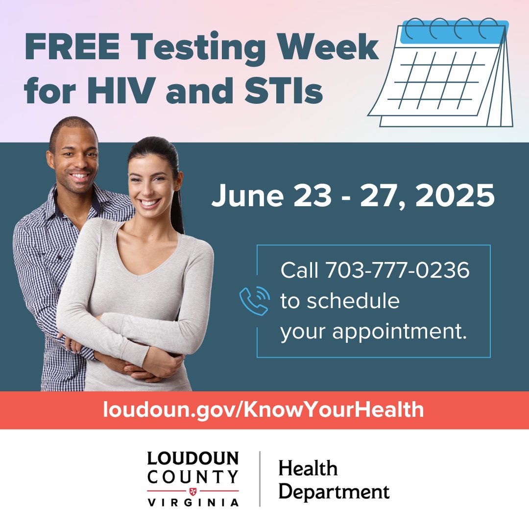 #DYK: Confidential testing is always available through the #Loudoun County Health Department. But from June 23–27, you can get FREE STI testing at our Leesburg Clinic Call 703-777-0236 to schedule your appointment.
Visit loudoun.gov/KnowYourHealth for more info.