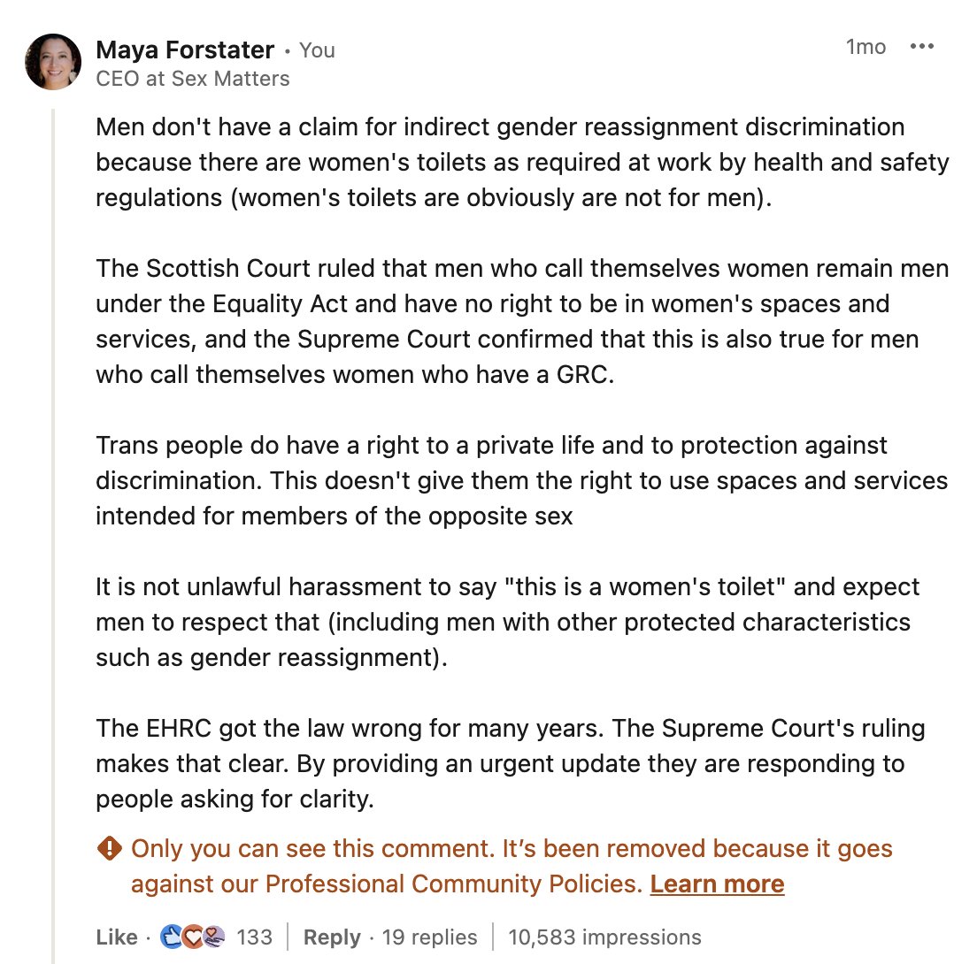 Linked In Professional Community Policies view stating what the Equality Act says as unacceptable 🤦‍♀️🤦‍♀️🤦‍♀️