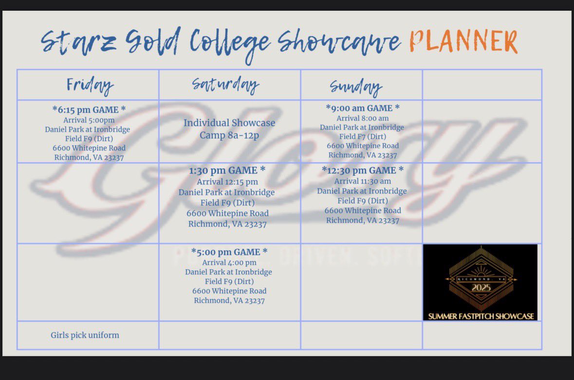 Kira Zoeller (@_kirazoeller) on Twitter photo Cant wait to play in the starz gold tournament in Richmond this weekend. Hope to see you all there! Here’s my schedule for this weekend. <a href="/USASoftball/">USA Softball</a> <a href="/NCAASoftball/">NCAA Softball</a> <a href="/USSSAFastpitch/">USSSA Fastpitch</a> <a href="/StarzGoldEvents/">Starz Gold Events</a> <a href="/GloryNatGarza/">VA Glory National Garza</a> Cant wait to play in the starz gold tournament in Richmond this weekend. Hope to see you all there! Here’s my schedule for this weekend. <a href="/USASoftball/">USA Softball</a> <a href="/NCAASoftball/">NCAA Softball</a> <a href="/USSSAFastpitch/">USSSA Fastpitch</a> <a href="/StarzGoldEvents/">Starz Gold Events</a> <a href="/GloryNatGarza/">VA Glory National Garza</a>