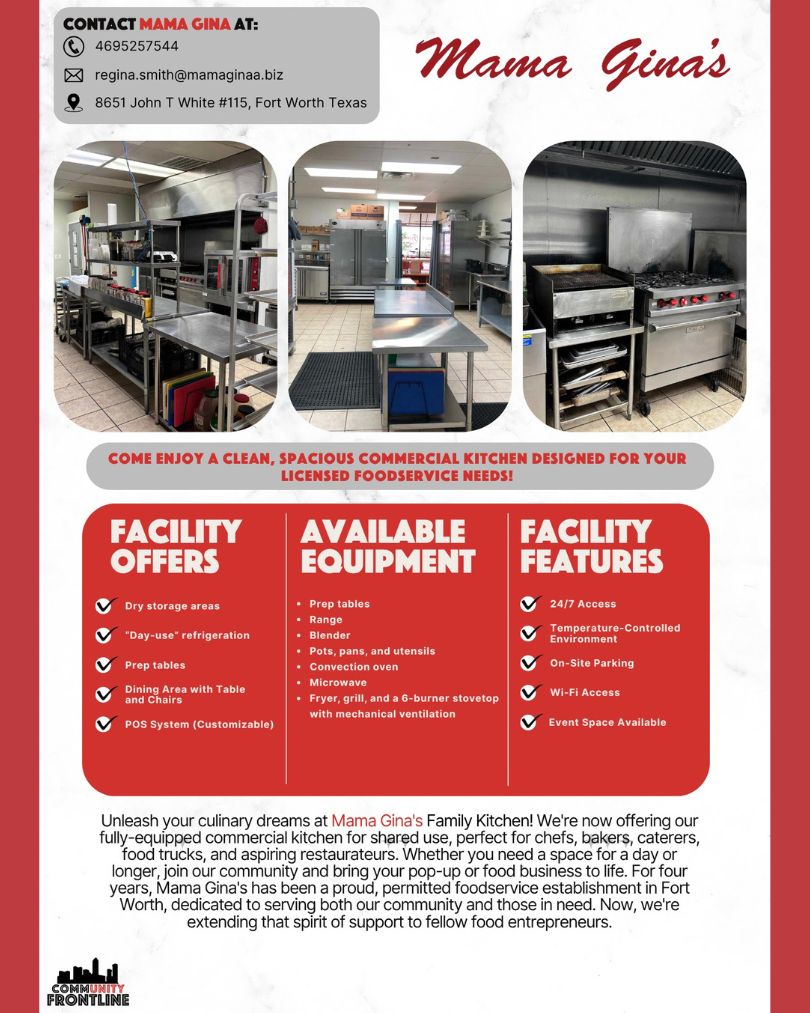 Looking for a fully-equipped, licensed commercial kitchen to bring your culinary dreams to life? Mama Gina's Family Kitchen in Fort Worth has everything you need – from day-use refrigeration to prep tables, a full suite of equipment, and even event space!