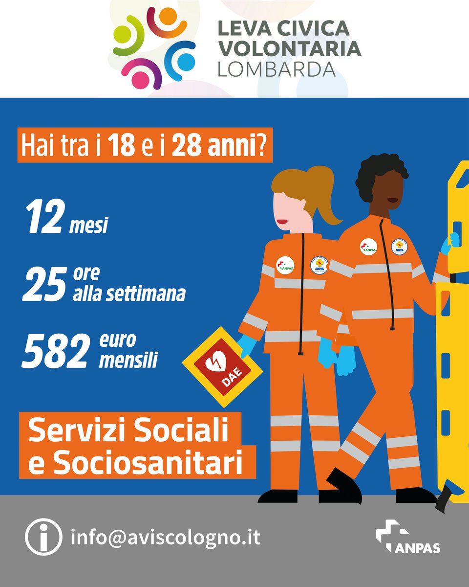 Aviscologno's tweet photo. È aperto il bando della Leva Civica. Se
hai tra i 18 e 28 anni, scrivi a info@aviscologno.it e ti daremo tutte le informazioni.
ℹ️ https://t.co/uxiXBT2IN9
⏱️ scadenza 9 giugno

#anpas #levacivica #servizisociali #servizisociosanitari #ambulanza #colognomonzese https://t.co/OaEeyWQBiH