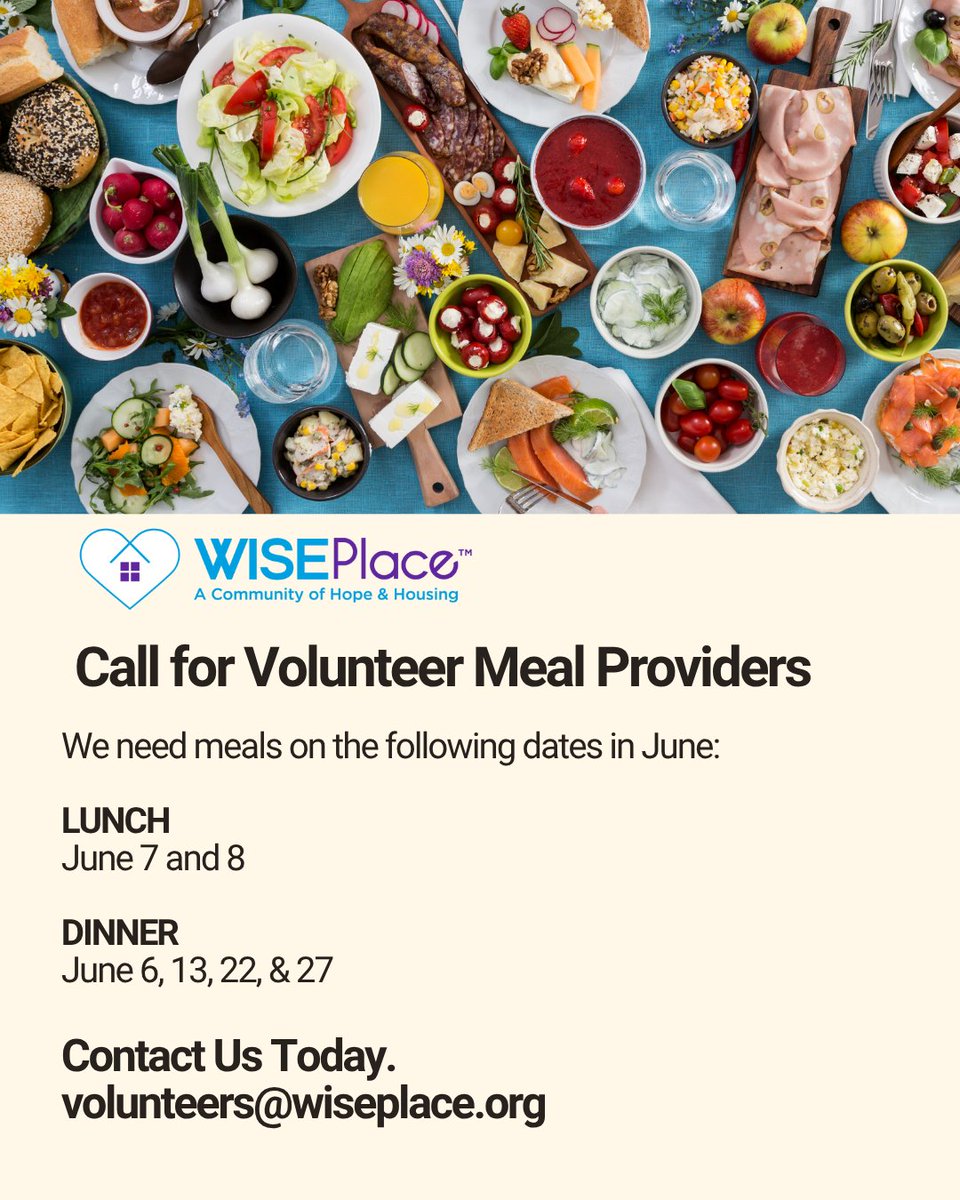 WISEPlace (@wiseplace) on Twitter photo A nutritious meal isn't just food—it's hope, energy, and a step toward self-sufficiency for the women at WISEPlace.
Email: volunteers@wiseplace.org
We need meal providers for the following dates in JUNE.
LUNCH
June 7th & 8th
DINNER
June 6, 13, 22, & 27th A nutritious meal isn't just food—it's hope, energy, and a step toward self-sufficiency for the women at WISEPlace.
Email: volunteers@wiseplace.org
We need meal providers for the following dates in JUNE.
LUNCH
June 7th & 8th
DINNER
June 6, 13, 22, & 27th