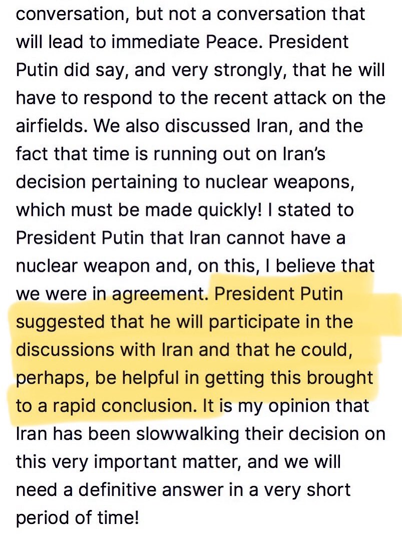 Moments ago Trump updated the world that Putin, who is the primary patron of Iran’s nuclear program, has invited himself to “negotiate” nuclear disarmament with Iran on America’s behalf … truth really is stranger than fiction