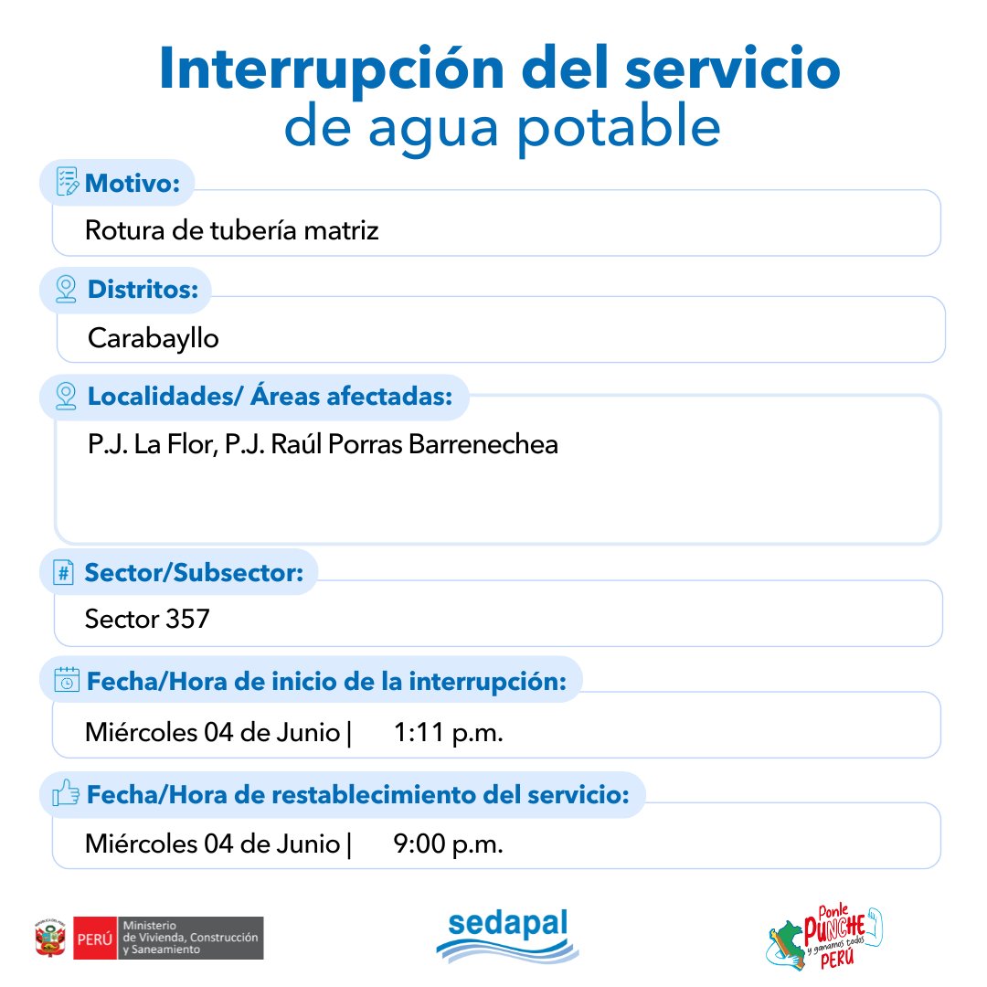 🚨 #LoÚltimo | ¡Atención vecinos de #Carabayllo! #Sedapal atiende una emergencia imprevista por lo que se interrumpirá parcialmente el servicio de agua en algunos sectores. Más detalles aquí 📷 #InterrupciónDelServicio